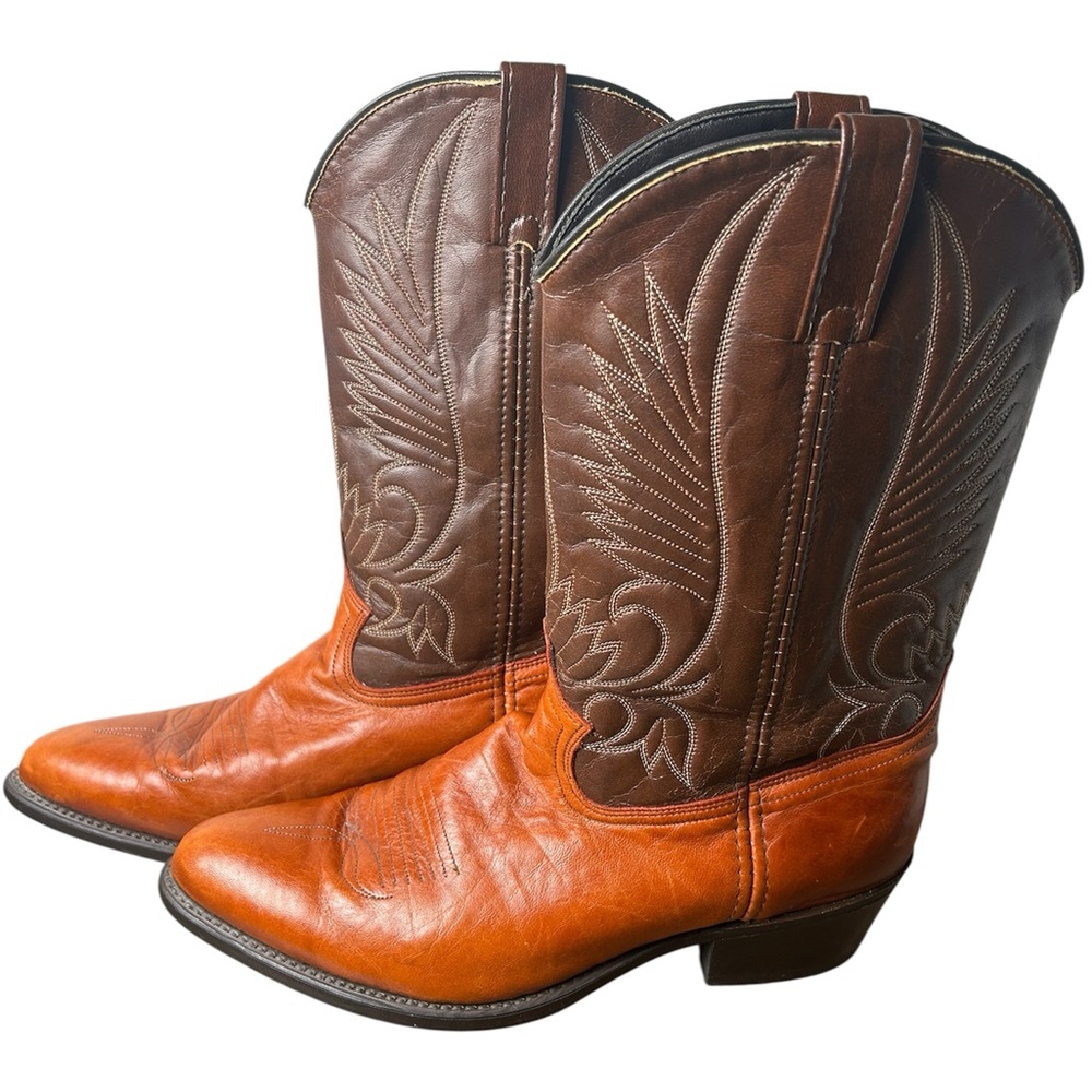 Vintage Brown Two Tone Leather Western Cowboy Boots Size 10.5 Extra Wide